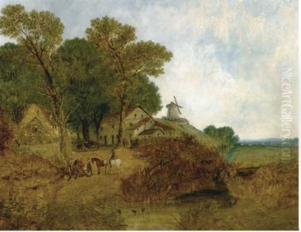 Travellers On A Road By A River, Farmhouses And A Windmill Beyond Oil Painting by James Holland