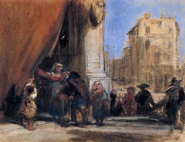 A Gathering At The Entrance To A Church In Italy Oil Painting by James Holland