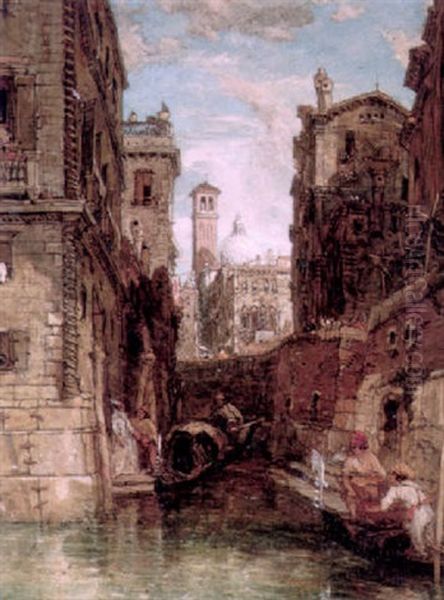 Gondols And Figures On A Venetian Canal, The Campanile And San Marco Beyond Oil Painting by James Holland