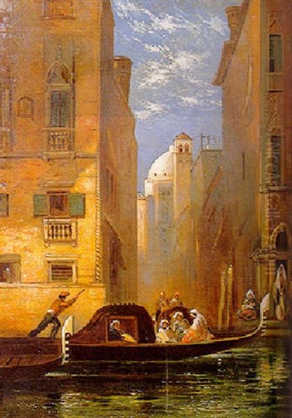 Figures In A Gondola Approaching A Villa With The Dome Of Santa Maria Della Salute Beyond, Venice Oil Painting by James Holland