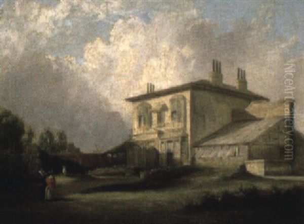 Elegant Figures Before A House (caldwell, London?) Oil Painting by James Holland