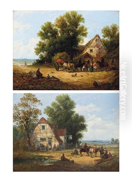 The Haycart And The Tavern (a Pair) Oil Painting by John Holland