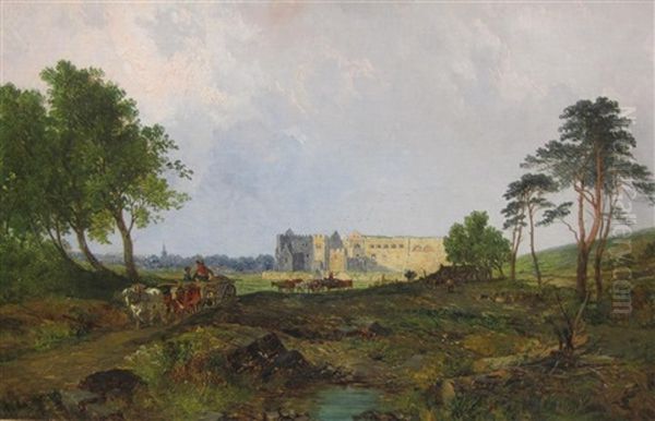 Figures And Carts On A Track, A Ruined Building Beyond Oil Painting by John Holland