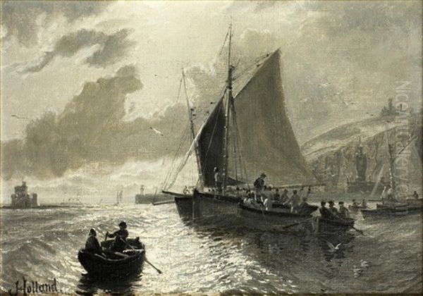 Fishing Boats Off A Harbour; And Cart Horses On The Shore, Both Scenes Thought To Be On The Isle Of Man Oil Painting by John Holland