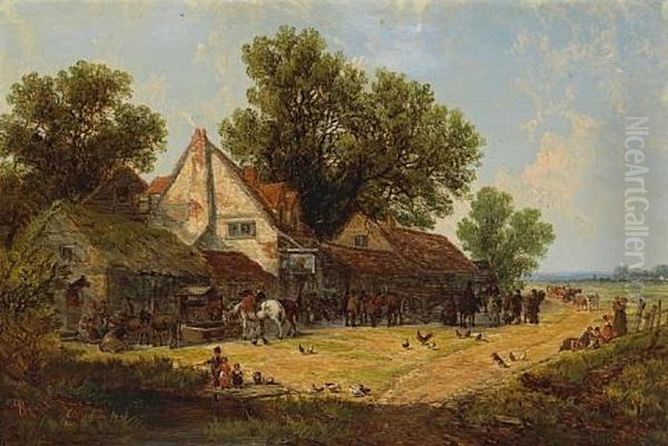 Figures By An Inn (+ Another; Pair) Oil Painting by John Holland