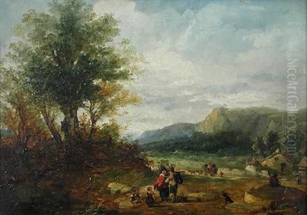 Villagers Conversing In A Wooded Valley, A Village Beyond Oil Painting by John Holland