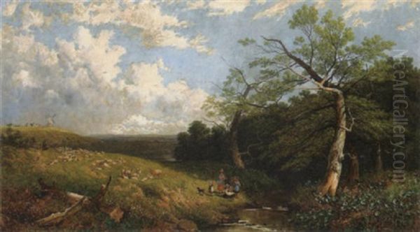 A Country Landscape With Figures And Children By A Stream And A Farmhouse In The Distance Oil Painting by John Holland