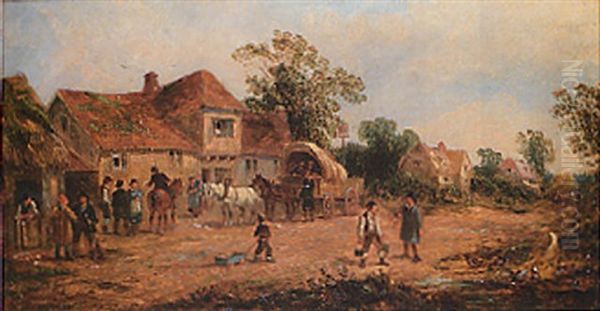 Figures With Cart By An Inn Oil Painting by John Holland