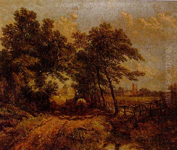 A Wooded Landscape With A Horseman And Countryfolk On A Track, A Village Beyond Oil Painting by John Holland