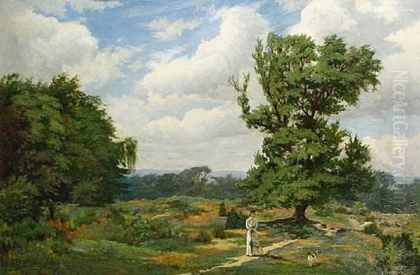 A Breezy Country Landscape With A Lady And Her Dog Oil Painting by Philip Sidney Holland