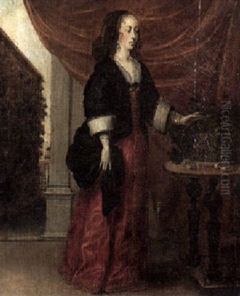 Portrait Of A Lady In An Elegant Interior Beside A Basket Of Grapes (personification Of Autumn) Oil Painting by Wenceslaus Hollar