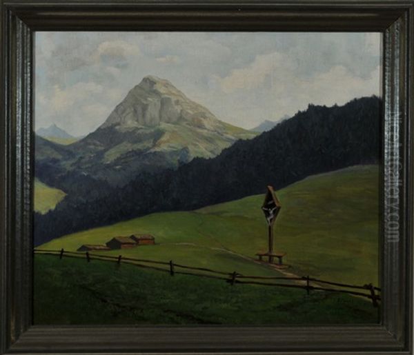 Bayerisches Marterl Am Wegesrand Mit Blick In Eine Weite Berglandschaft Oil Painting by Felix Hollenberg