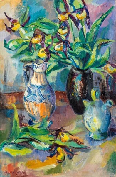 Stillleben Mit Blumenstraus In Vase Und Krugen Oil Painting by Stephanie Hollenstein