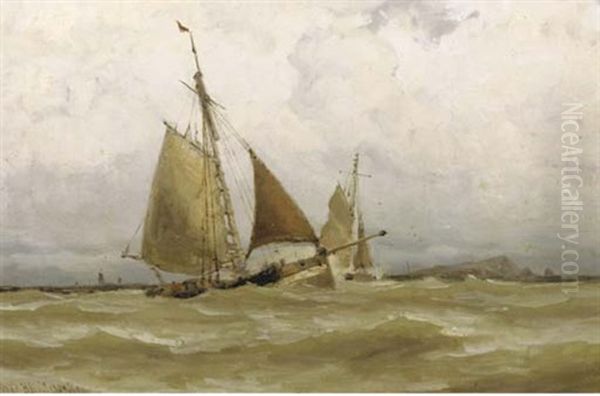 In Full Sail By A Coastline (+ A Dune Landscape; 2 Works) Oil Painting by Jacob Huijbrecht Hollestelle