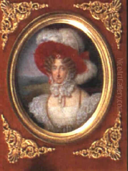 Marie-amelie, Queen Of The French, With Coiled Fair Hair,   Wearing A Large Red Hat Trimmed With Bows... Oil Painting by Jean-Francois Hollier