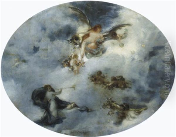 Angels And Cherubs In The Heavens Oil Painting by Karl Hollmann