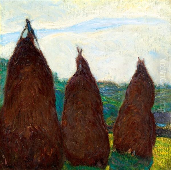 Hay Stacks Oil Painting by Simon Hollosy