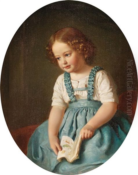 Girl Seated Holding A Book Oil Painting by Heinrich Hollpein