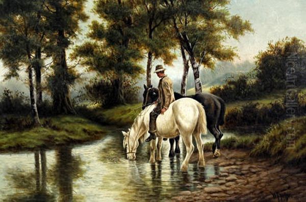 Evening - Rider And Horses Watering At A Stream Oil Painting by William Perring Hollyer