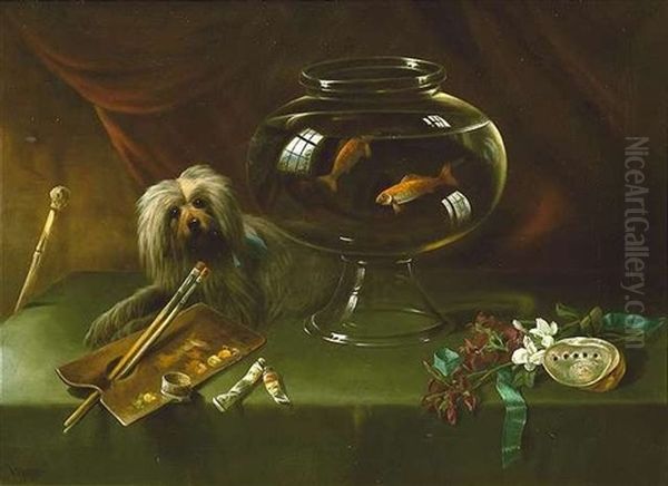 Stilleben Mit Goldfischglas, Hund Und Malerpalette. Am Rechten Bildrand Eine Lilie Und Eine Muschel Oil Painting by William Perring Hollyer