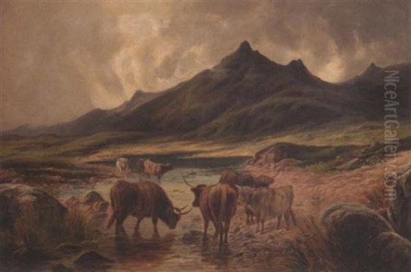 Landscape With Cows And Mountains Oil Painting by William Perring Hollyer