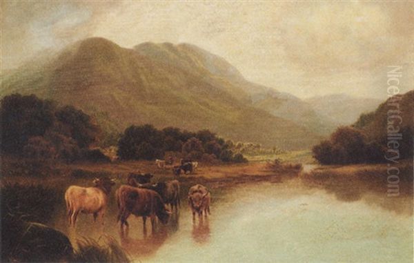 Highland Cattle Watering In A Mountainous Landscape Oil Painting by William Perring Hollyer