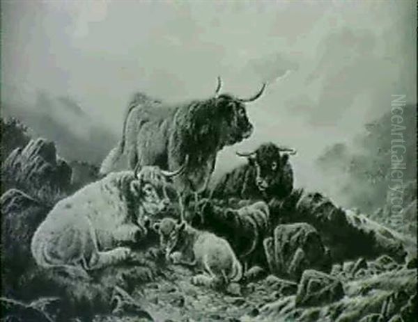 Highland Cattle In A Mountainous Landscape Oil Painting by William Perring Hollyer