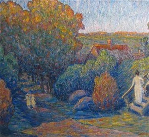 Autumnal Landscape With Figures In White Oil Painting by Carl Otto Holm