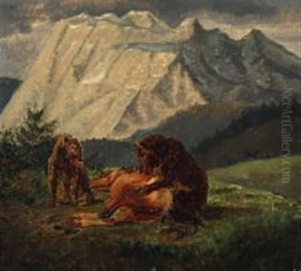 Mountain Landscape With Bears At A Prey Oil Painting by Christian Frederick Carl Holm