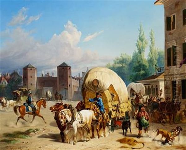 Carriages In Front Of An Inn Close To Oneof The Town Gates Of Munich Oil Painting by Christian Frederick Carl Holm