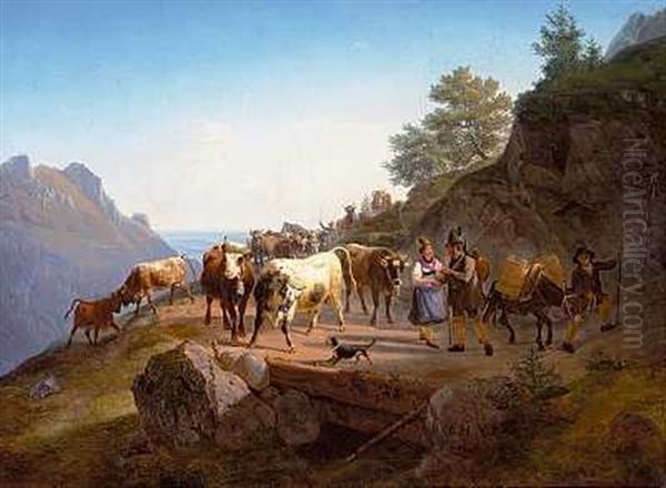 Hyrdepar Med Deres Koer Pa En Bjergsti Oil Painting by Christian Frederick Carl Holm