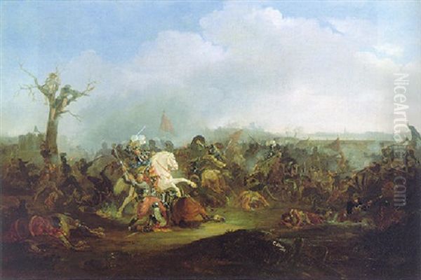 Battle Scene, With A Distant View Of A City Beside A River Beyond Oil Painting by Christian Frederick Carl Holm