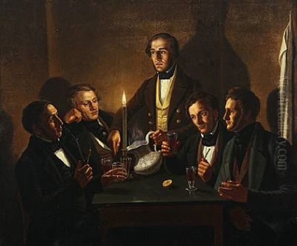 Five Men Having A Drink Oil Painting by Hans Wonrath Holm