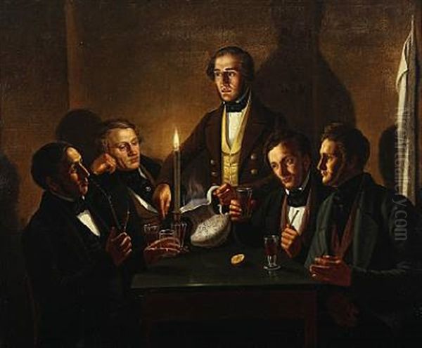 Five Men Having A Drink Oil Painting by Hans Wonrath Holm