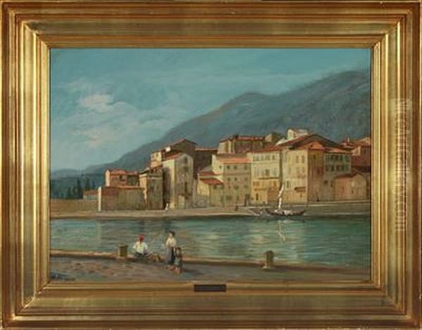 Southern Landscape With River, Houses And Mountains In The Background Oil Painting by Harald Martin Hansen Holm