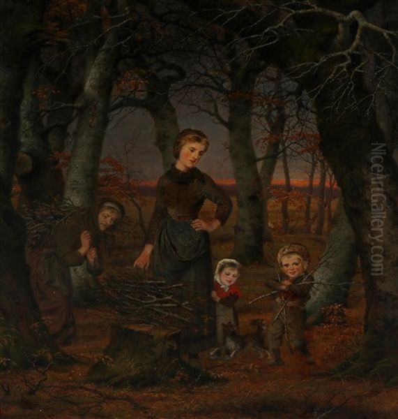 Sunset Scenery With Three Generations Collecting Wood Oil Painting by Just Jean Christian Holm