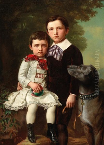 Siblings With Dog Oil Painting by Just Jean Christian Holm