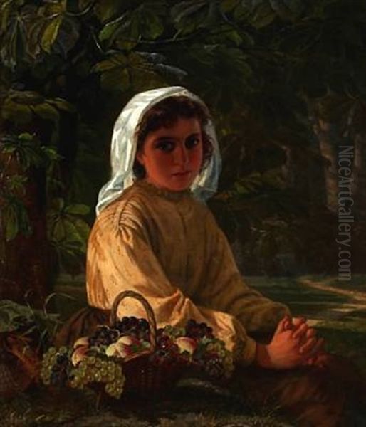 An Italian Girl With Grapes Sitting Under A Chestnut Tree Oil Painting by Just Jean Christian Holm