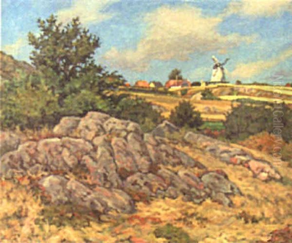 Windmill In An Extensive Landscape Oil Painting by Ludvig Holm