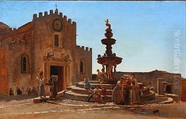 Duomo Piazza In Taormina On Sicily Oil Painting by Niels Emil Holm