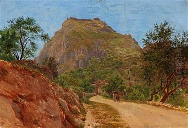 Landscape From Taormina With A Monk And A Boy Walking On The Road Oil Painting by Niels Emil Holm