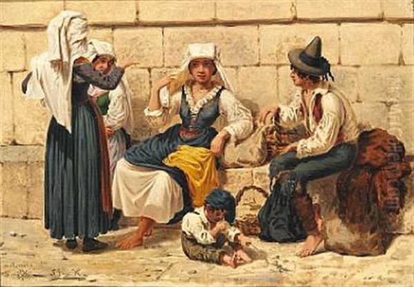 Italians Taking A Break On A Sunny Day Oil Painting by Niels Emil Holm