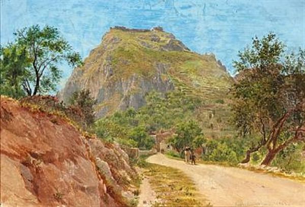 Landscape From Taormina With A Monk And A Boy Walking On The Road Oil Painting by Niels Emil Holm