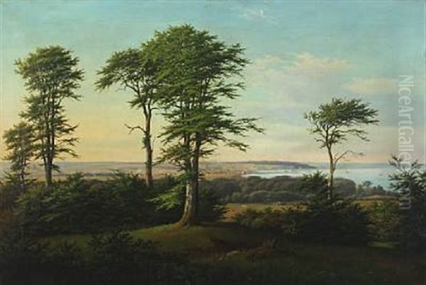 A Danish Summer Landscape With A View To Arhus Town Oil Painting by Peder Holm