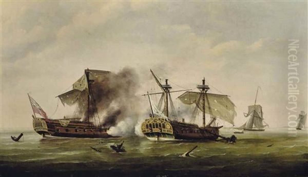 H.m.s. Quebec Ablaze At The End Of Her Epic Struggle With The French Frigate Surveillante Oil Painting by Francis Holman