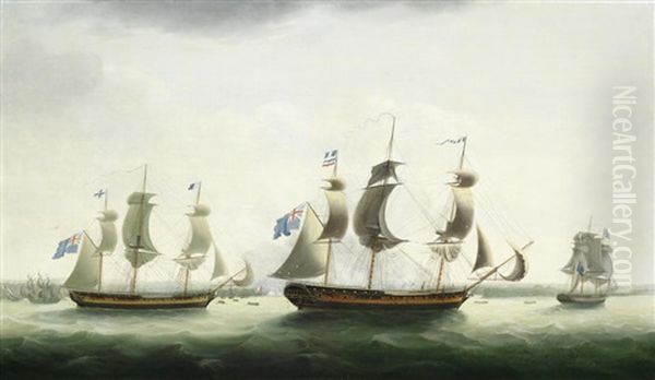 H.m.s. Melampus With The Frigates Diamond, Hebe, Niger And Siren Off Jersey, 9th May 1795 Oil Painting by Francis Holman