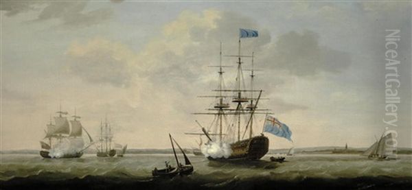 The East Indiaman Royal George Firing A Salute Oil Painting by Francis Holman