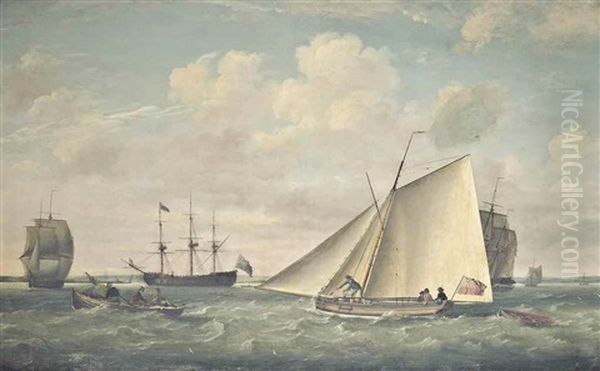 The Cutter Yacht Thetis And Merchant Shipping At Spithead With A Large Royal Navy Warship Lying At Anchor Inshore Oil Painting by Francis Holman