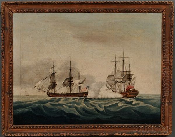 East India Company's Ship Bridgewater Successfully Defending Her Cargo From Attack By The American Privateer Hampden On Her Way From St. Helena To England, March 8 by Francis Holman