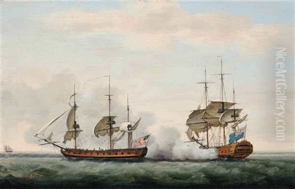 The East India Company's Ship Bridgewater Sucessfully Defending Her Cargo From An Attack By The American Privateer Hampden On Her Way From St. Helena Oil Painting by Francis Holman